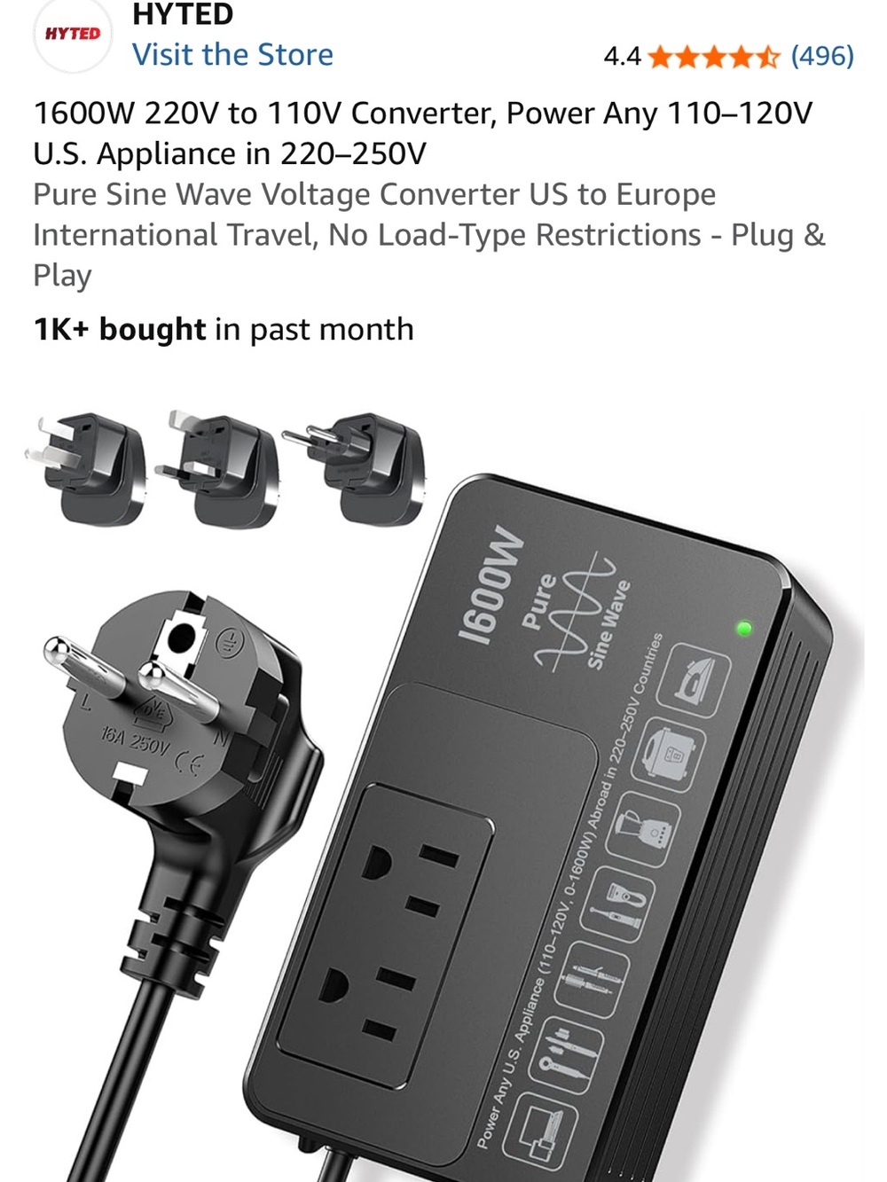 NEW 1600 W Pure Sine Wave Voltage Converter for International Travel